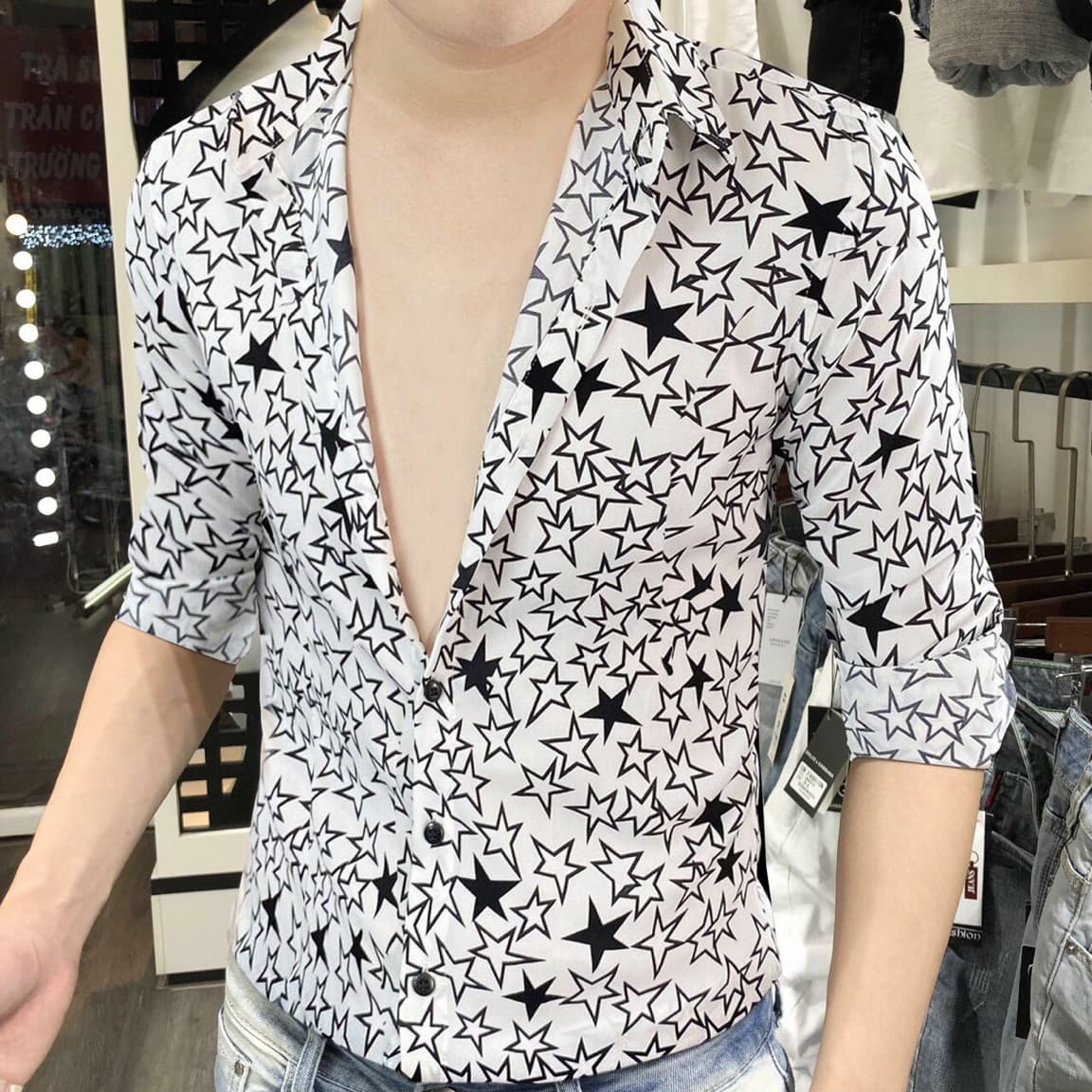 áo sơ mi nam tay dài phối họa tiết ngôi sao chất liệu COTTON lụa, phong cách trẻ trung và thanh lịch ( hình thật shop tự chụp ) thời trang TAYLOR FASHION TYU024