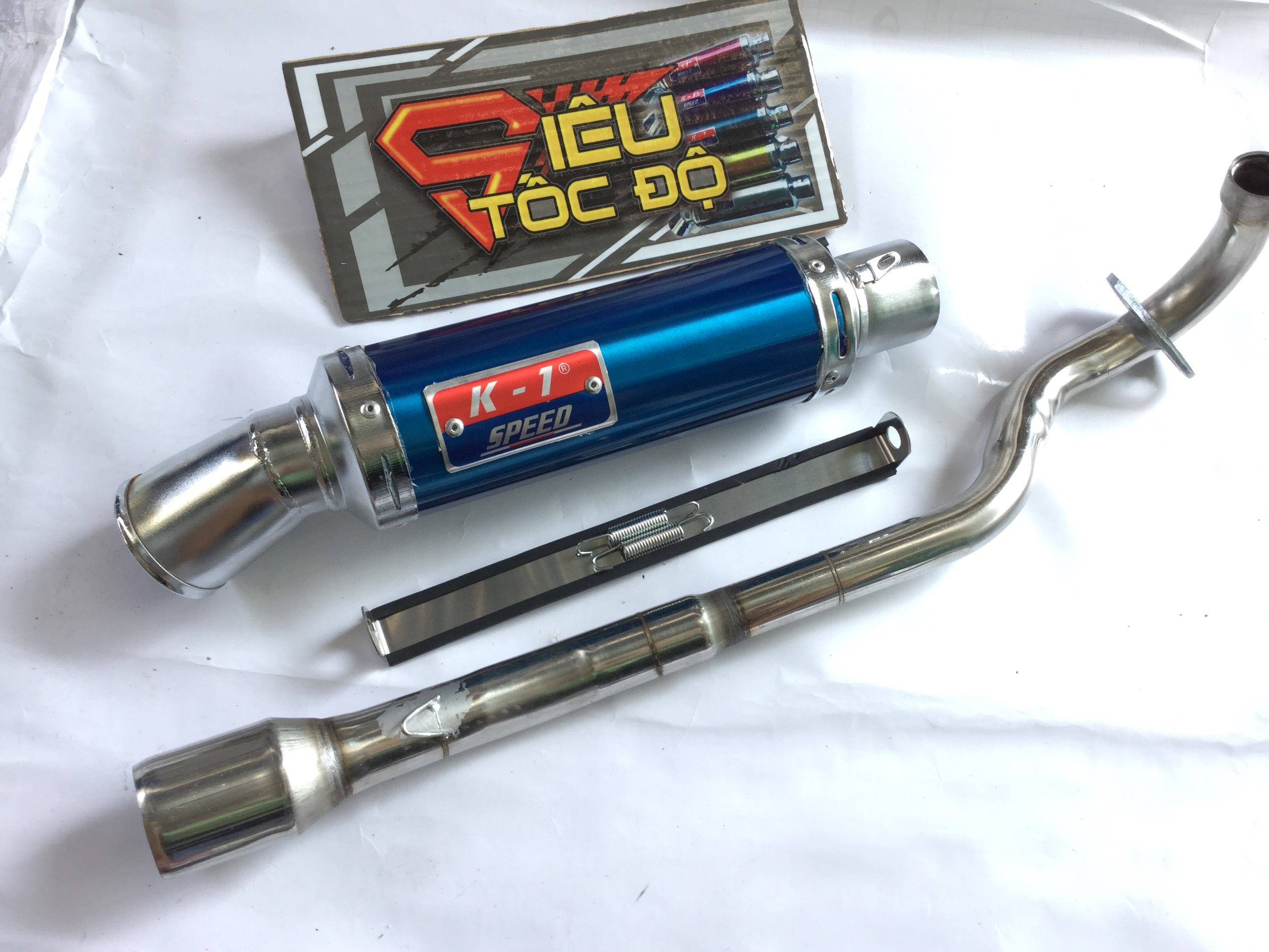 Pô k1 xanh full pass treo lò xo cả cổ pô độ cho xe wave blade, wave s, wave rs, wave rsx, wave alpha 2017 -2019,...