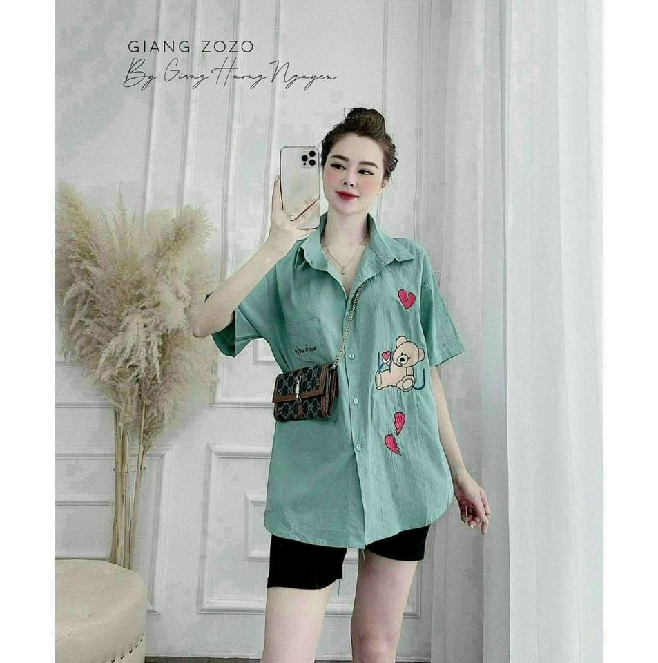 Set Bộ Đồ Nữ Áo Sơ Mi Gấu Thêu Phối Quần Legging Ngố DX5