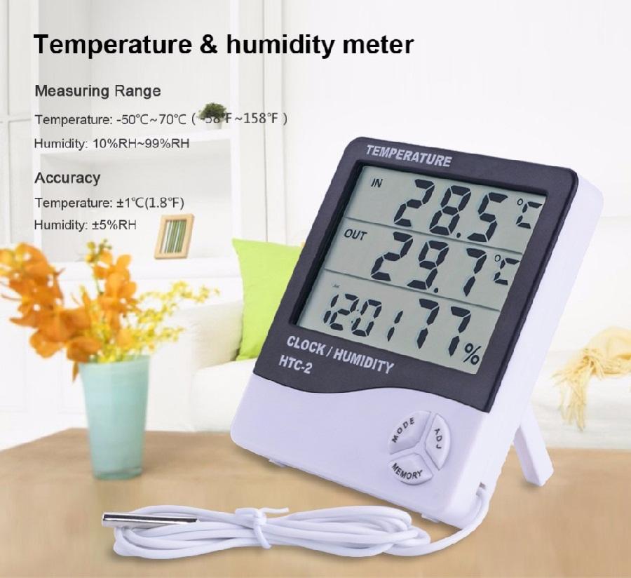 Máy đo nhiệt độ độ ẩm có đồng hồ báo thức htc-2