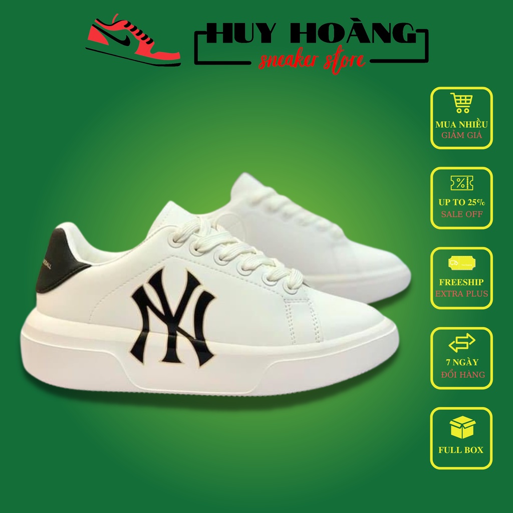 Giày thể thao nam nữ MLB NY màu trắng chữ đen Full Box - Giày NY độn đế tăng chiều cao nam nữ cao cấp hot trend 2022