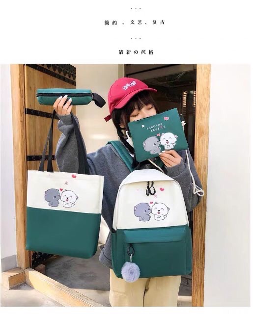 [HCM]Set 4 món Balo túi ví nam nữ đi học balo laptop chất liệu vải canvas phong cách Hàn Quốc -  Combo balo 4 món 2 khóa lưới
