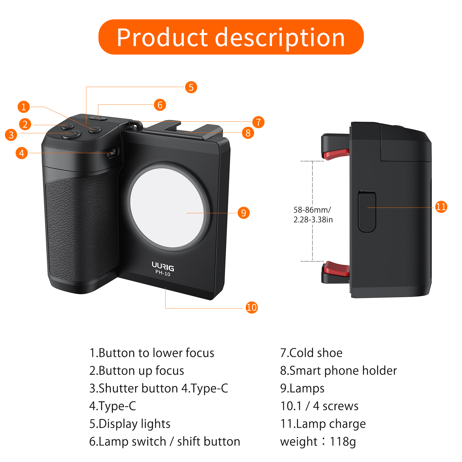 UURIG PH-10 Capgrip Handheld Selfie Booster Hand Grip Bluetooth Remote Control Shutter with Fill Light Lamp for Mobile Phone