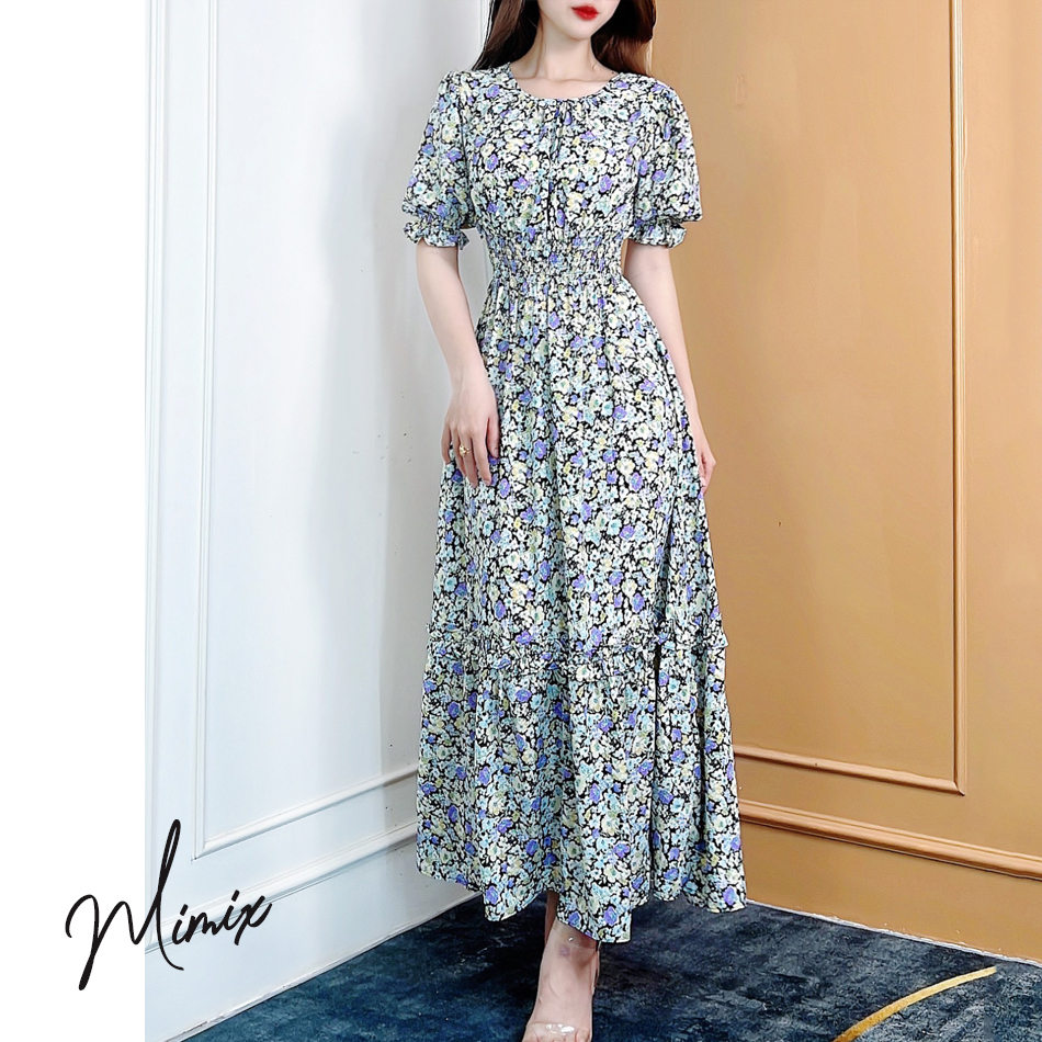 Đầm maxi hoa eo bo chun tay lửng MIMIX BJ6185