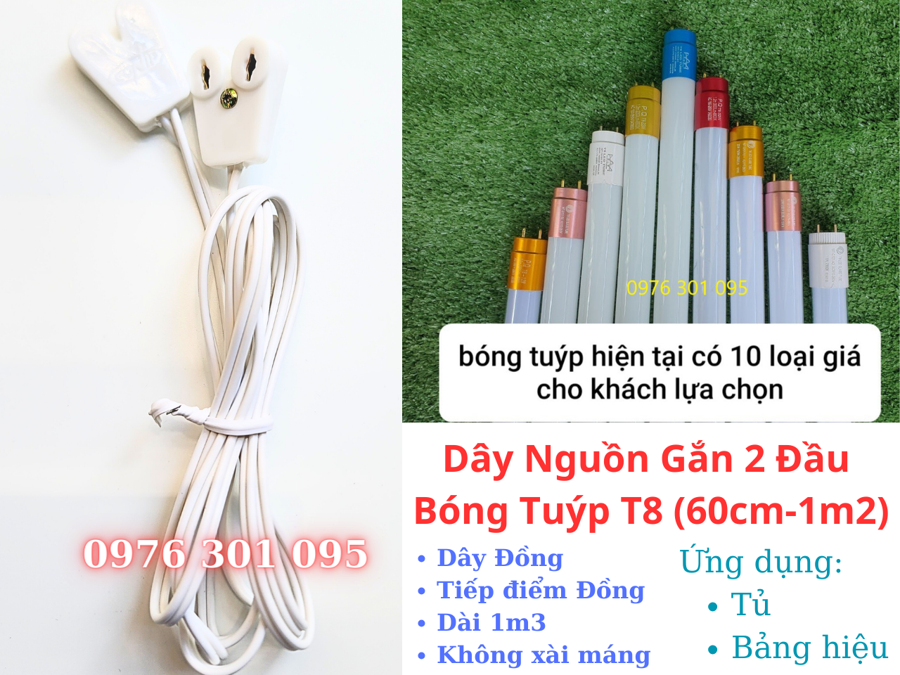 Dây đèn gắn đầu bóng đèn tuýp t8 1m2, dùng cho tủ - bảng quảng cáo