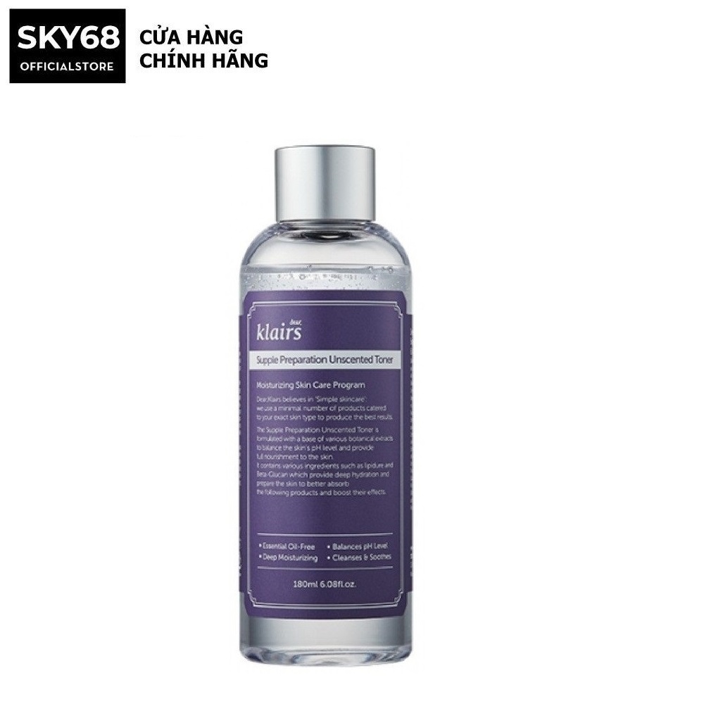 Nước Hoa Hồng Không Mùi Dưỡng Ẩm, Làm Dịu Dành Cho Da Nhạy Cảm Klairs Supple Preparation Unscented Toner 180ml