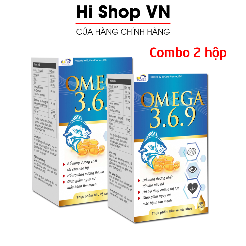 Combo 2 hộp omega 369 bổ não, sáng mắt, khỏe tim mạch cho người từ 6 tuổi - hộp 60 viên omega 1000mg, epa 180mg, dha 120mg