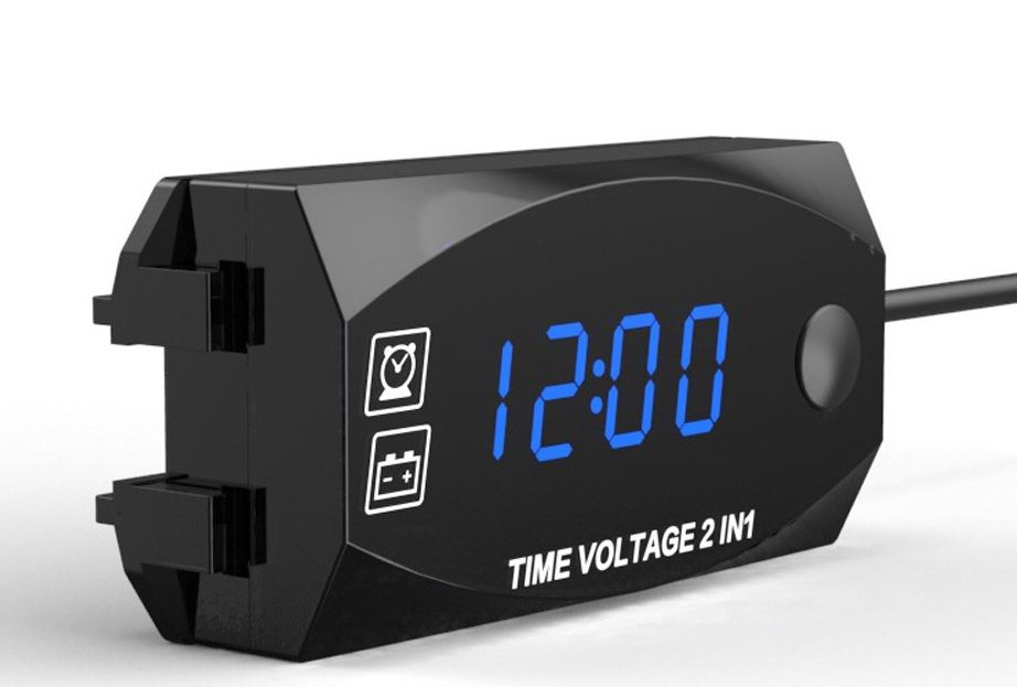 Dong ho gan xe may Đồng hồ báo vôn + báo giờ  2 in 1 ( báo von xanh dương )