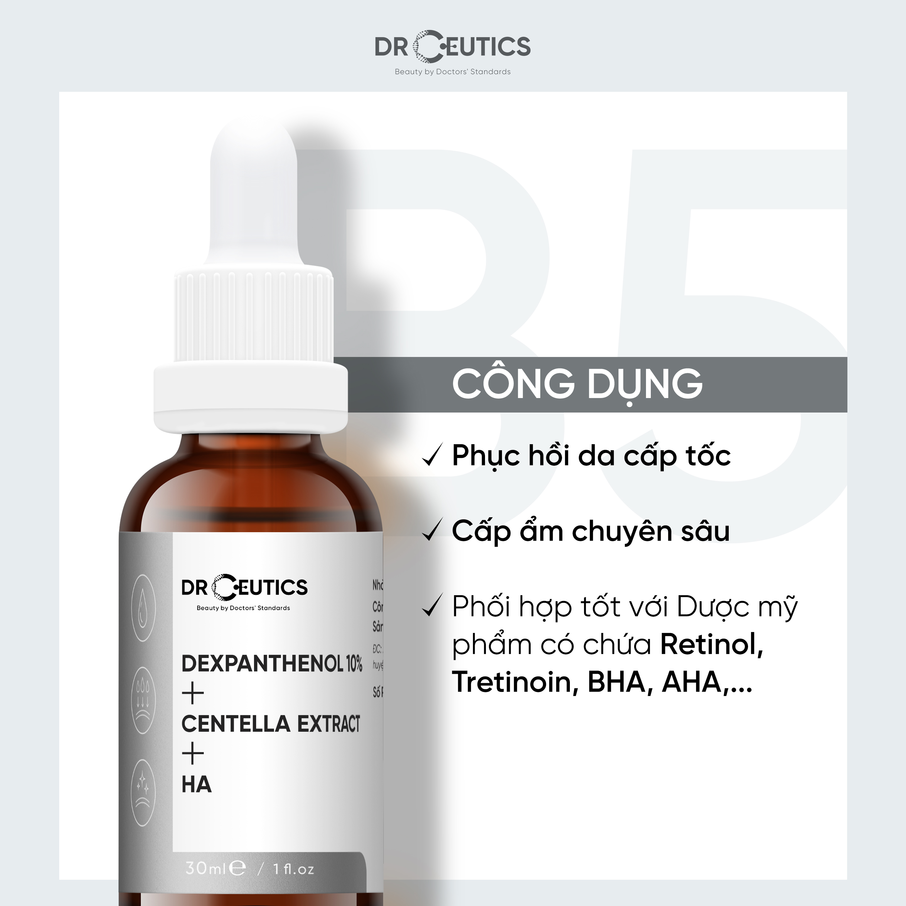 Serum B5 DrCeutics Dexpanthenol 10% + Centella Extract + HA, Cấp Ẩm Và Phục Hồi Da
