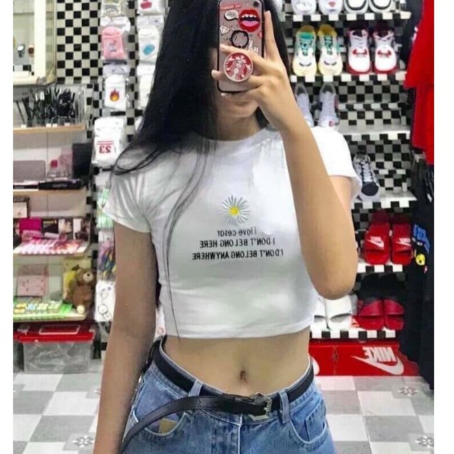 [HCM]Áo thun croptop ôm hoa cúc thêu