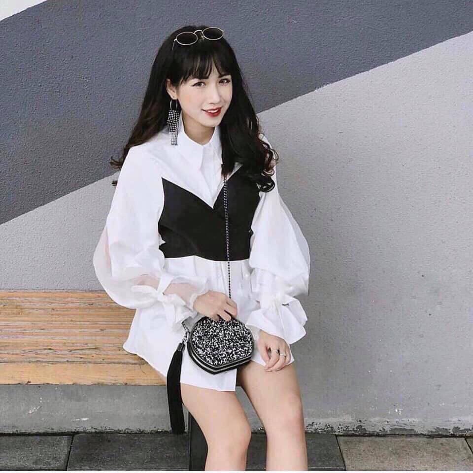 Áo sơ mi tay phồng mix trắng đen cột eo mã mới-hàng đẹp