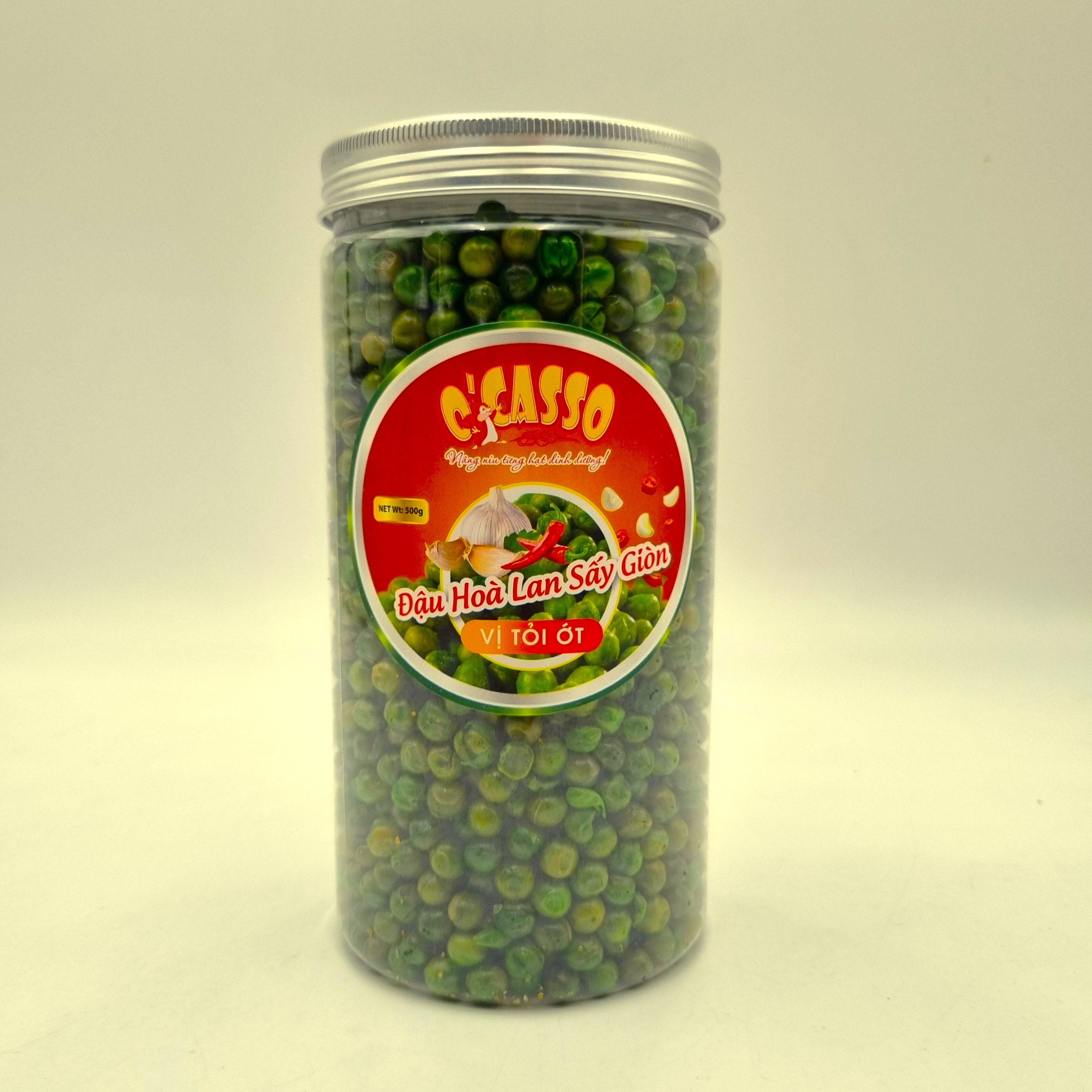 Đậu Hòa lan (Đậu Hà Lan) Sấy Giòn Vị Tỏi Ớt OCasso Hộp nắp nhôm 500g