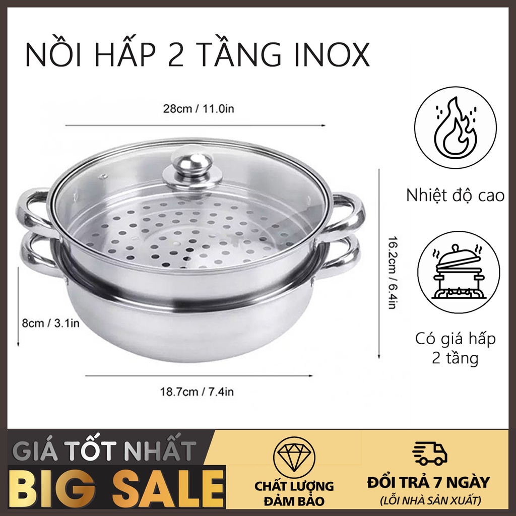 Nồi hấp inox 2 tầng cao cấp - Bộ xửng hấp 28cm có nắp kính, Nồi Hấp 2 tầng Inox kèm Xửng Hấp Inox - Nồi hấp 2 tầng 28cm, nắp đậy thủy tinh, Nồi hấp inox 2 tầng, Xửng Hấp 2 Tầng đa năng 28cm, cao cấp nắp kính, cách thủy