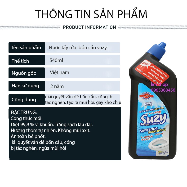 [CHÍNH HÃNG ] Nước tẩy rửa bồn cầu, nhà tắm Cao Cấp Suzy Nhật Bản 560ml - thành phần Hữu Cơ, không mùi axit