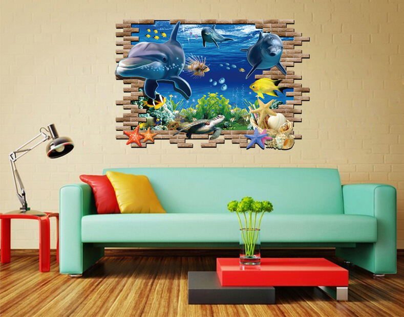Decal dán tường Cá Heo 3D Sticker Tranh Dán Tường - AY9706 ,Decal dán tường động vật