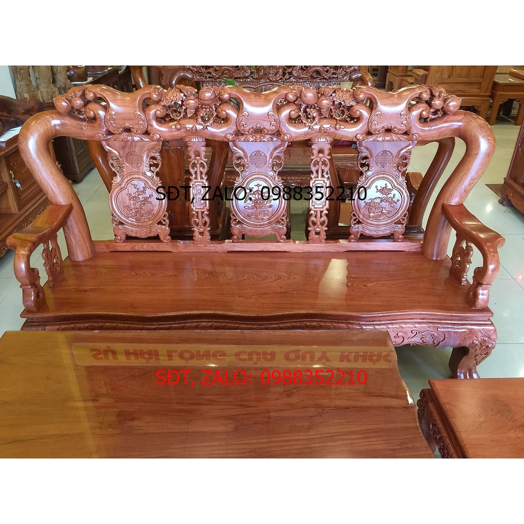 Bộ bàn ghế chạm đào mặt liền gỗ hương đá 6 món tay 12
