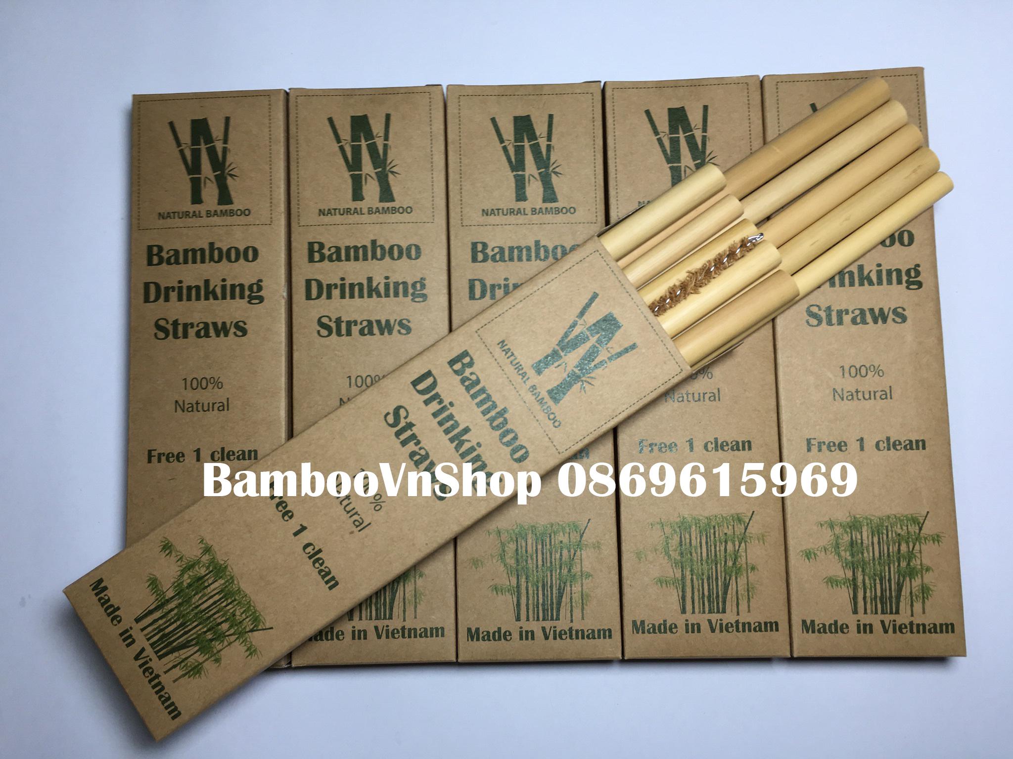 Ống hút tre - Hộp 10 ống hút tre + 1 que cọ xơ dừa - Bamboo Straws
