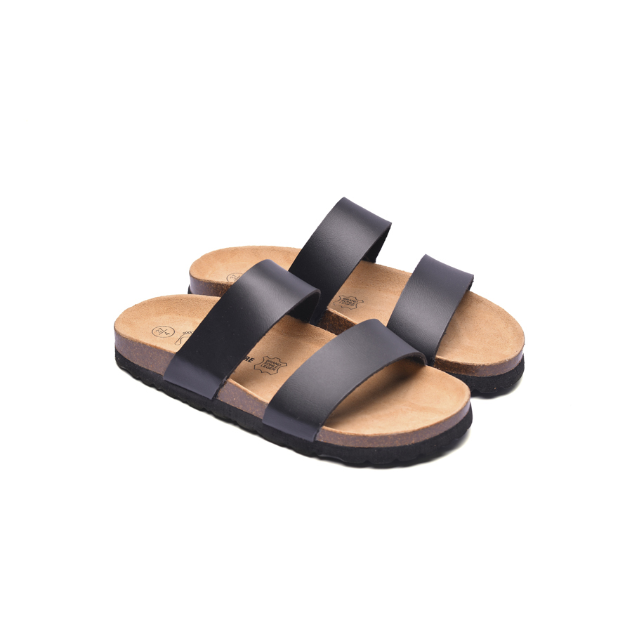 Dép đế trấu unisex 2 quai da pu đen