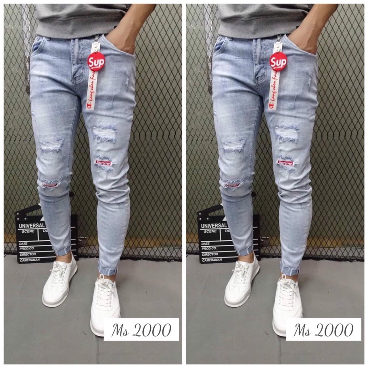QUẦN JEAN NAM DẢI RÁCH VÁ ĐỎ THỜI TRANG SKR 2000