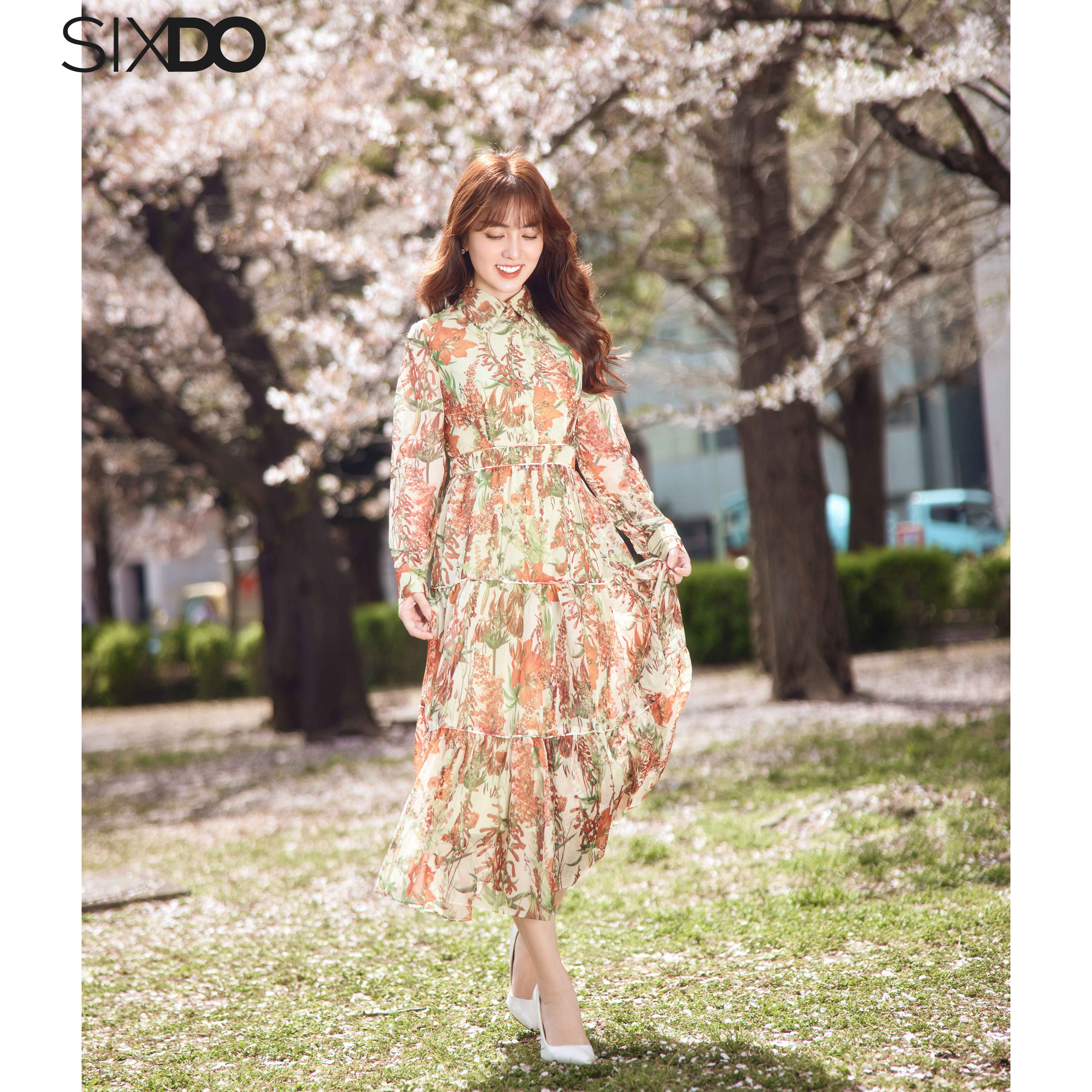 Đầm sơ mi voan hoa dài tay SIXDO (Green Nuggets Floral Midi Voile Dress)