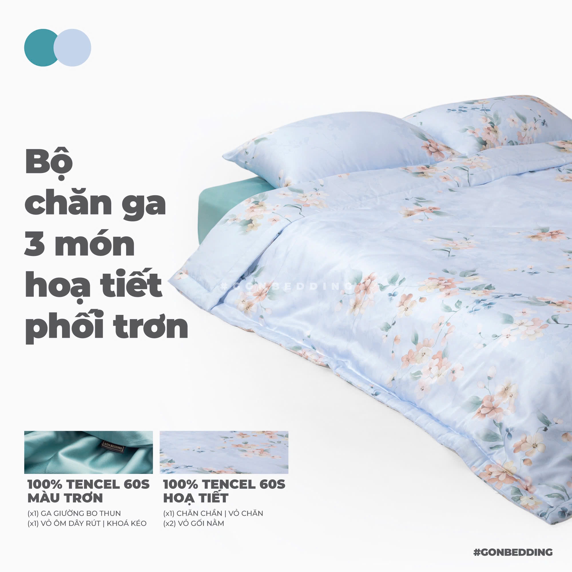 Bộ Chăn Gối 3 Món Gòn Bedding Lụa Tencel 60s - Lụa Modal cao cấp Hoạ tiết (gồm 1 Chăn chần và 2 Vỏ gối nằm)