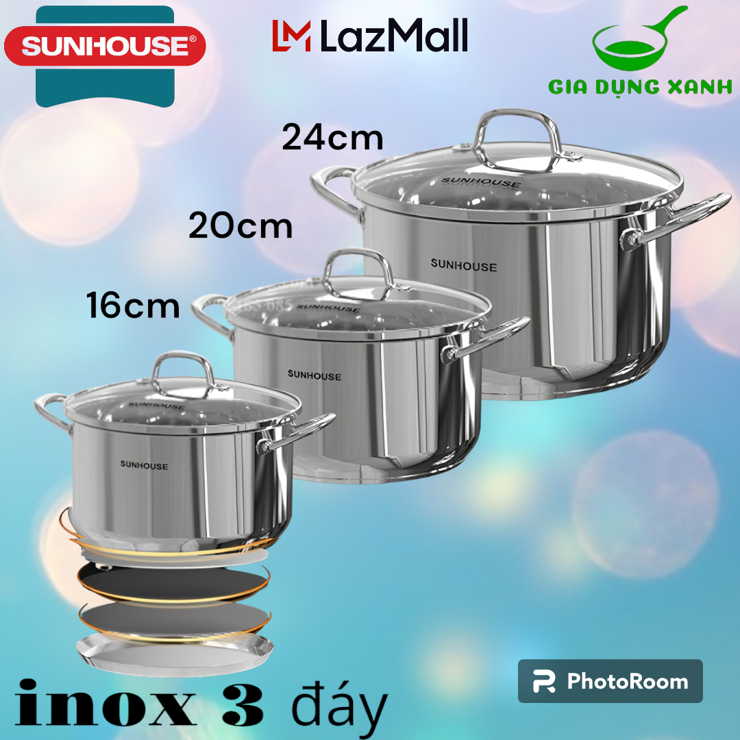 Nồi inox 3 đáy vung kính sunhouse shg301-16/20/24cm dùng mọi loại bếp