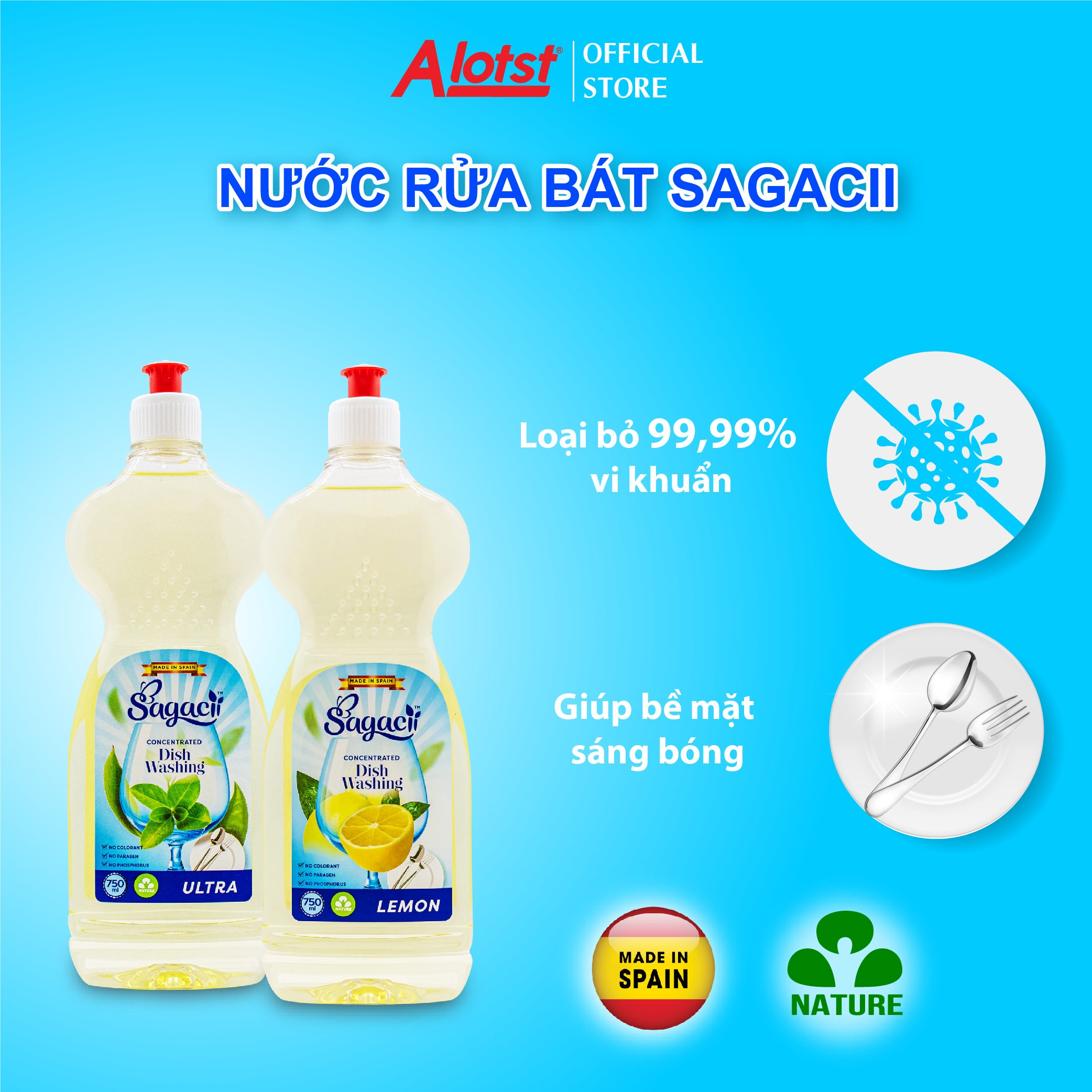 Nước rửa chén bát đậm đặc Sagacii 750ml Lemon made in Spain