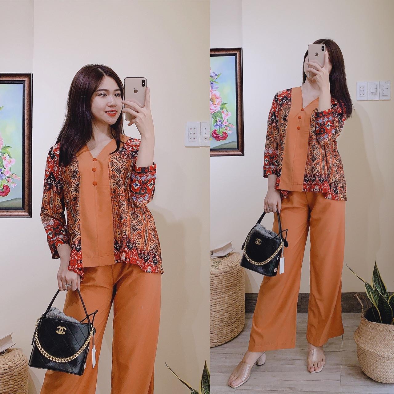 Sét bộ bà ba in hoa sen +quần ống rộng lụa mềm-TS