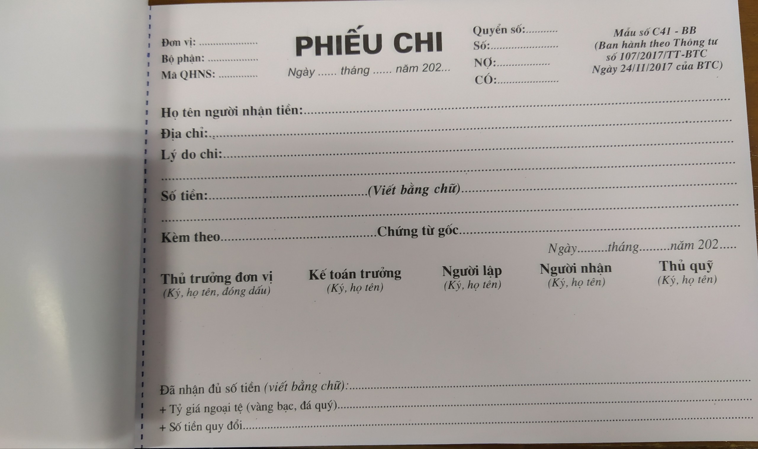 Phiếu thu, chi (2 liên) khổ A5