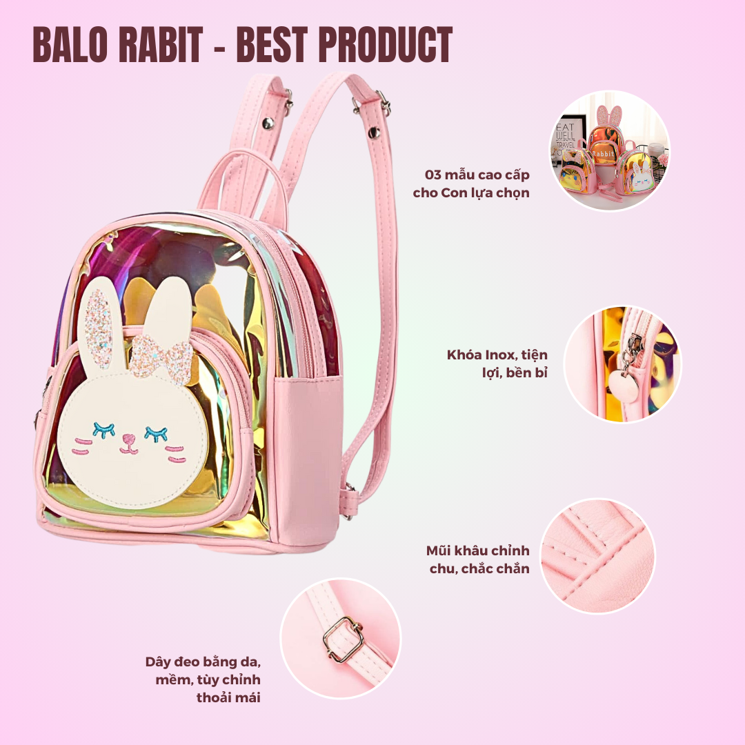 Balo cho bé gái 0-8 tuổi hình thỏ rabbit siêu xinh phù hợp đi chơi, đi học