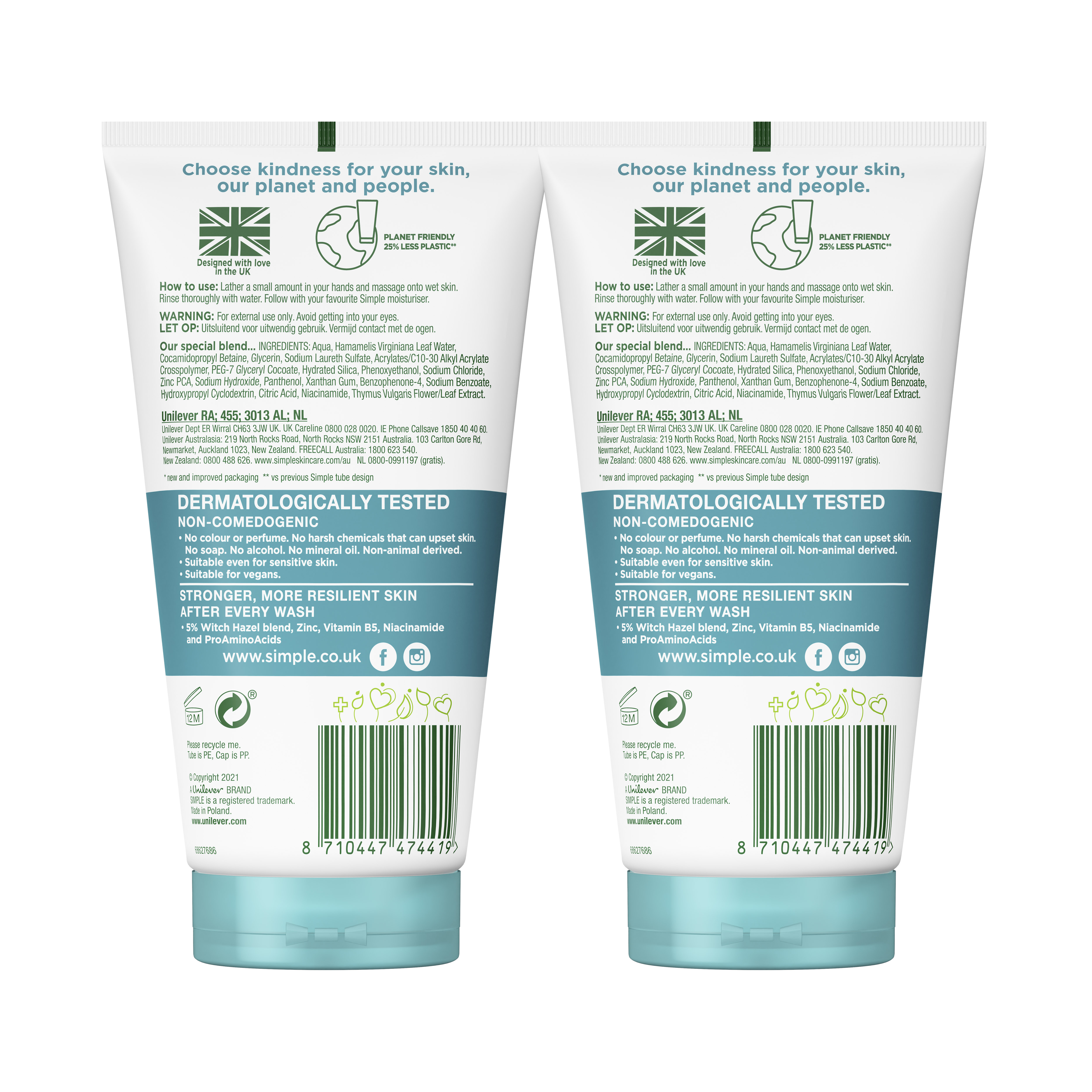 Combo 2 Sữa rửa mặt Simple giúp kiềm dầu và ngừa mụn hiệu quả - cho da dầu mụn 150ml/chai
