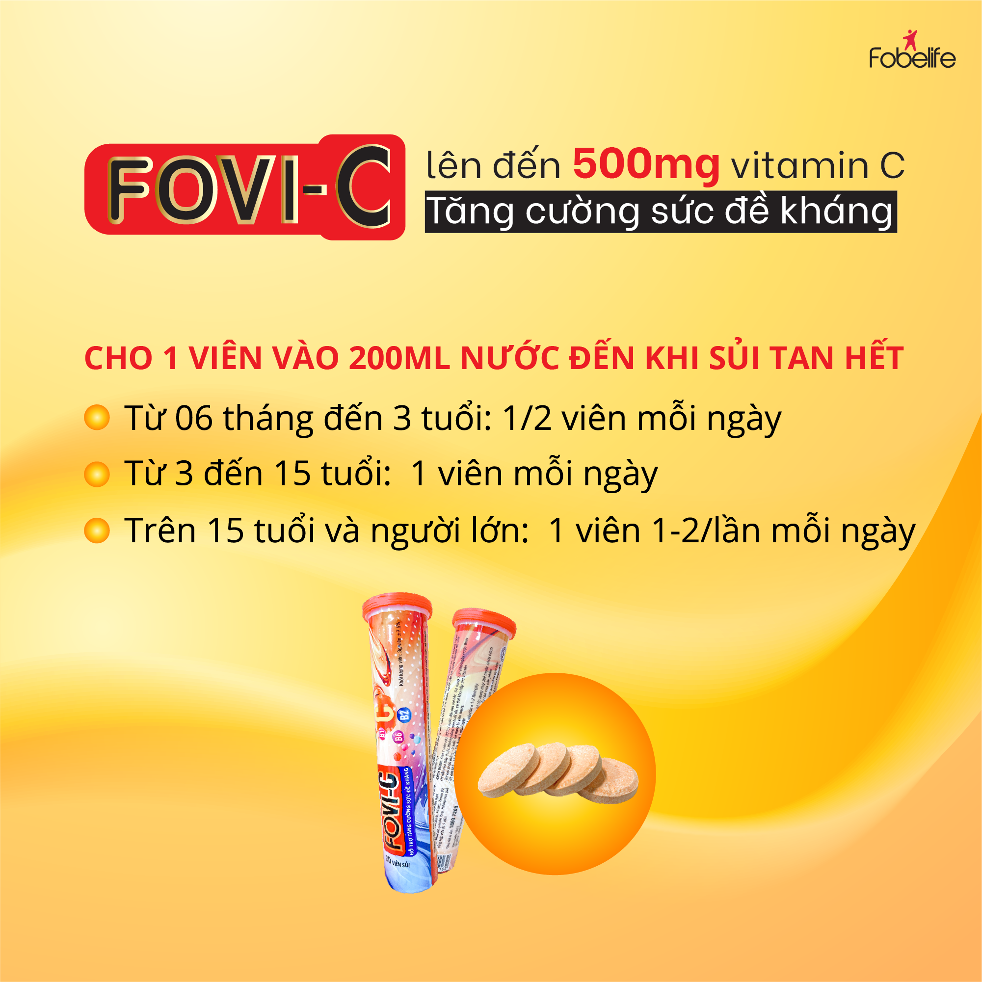 Viên Sủi Bổ Sung Đến 500mg Vitamin C Fovi-C Bổ Sung, Tăng Sức Đề Kháng - Tuýp 20 viên