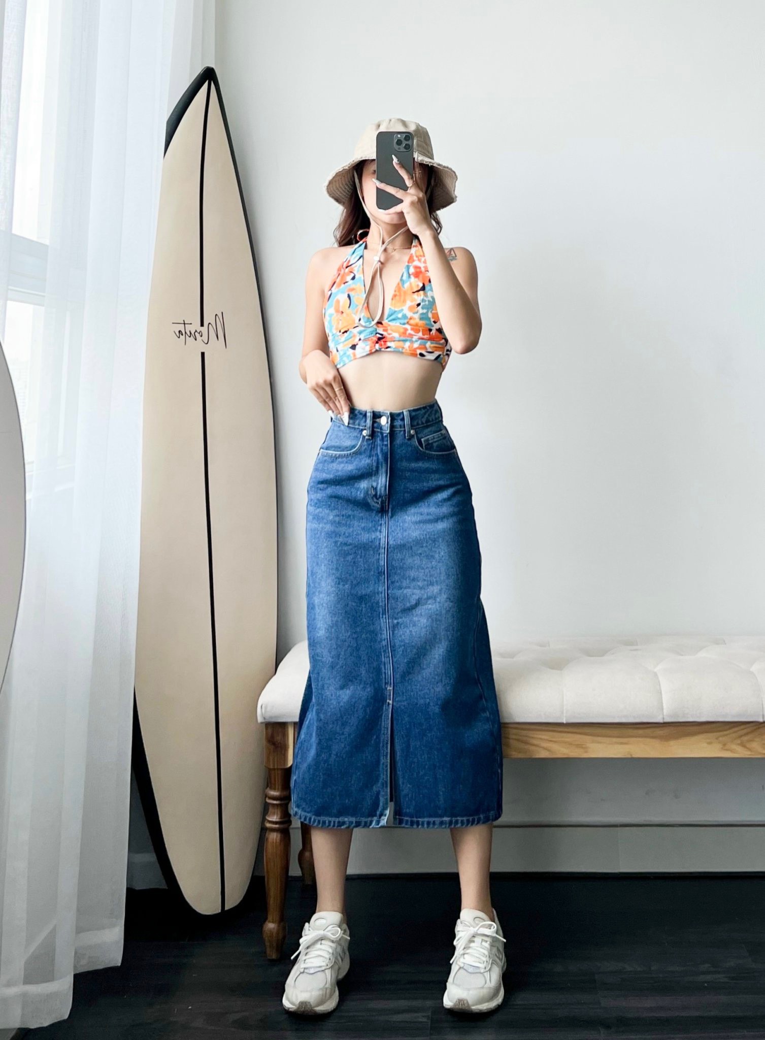 Chân váy jean nữ dài qua gối cao cấp reverclothings denim split skirt