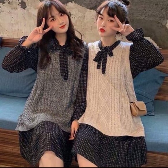 Set áo len gile váy đuôi cá cổ nơ