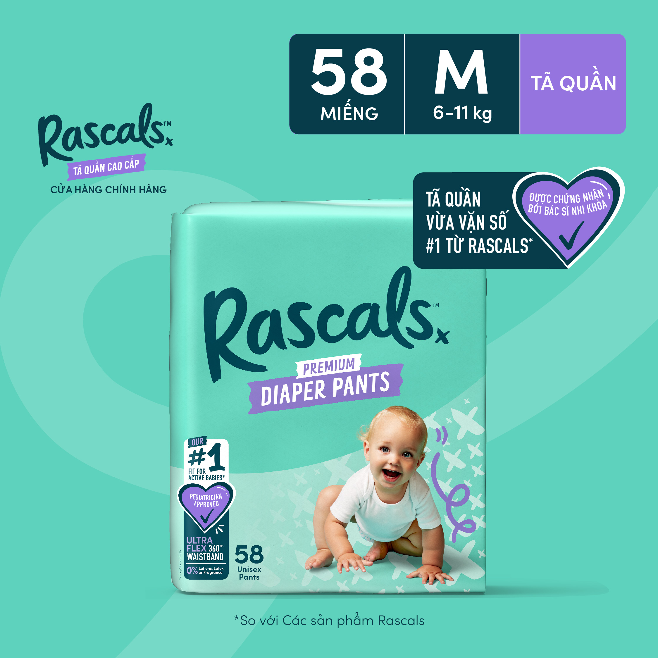 Tã/Bỉm Quần Rascals Size M (6-11kg) 58 miếng