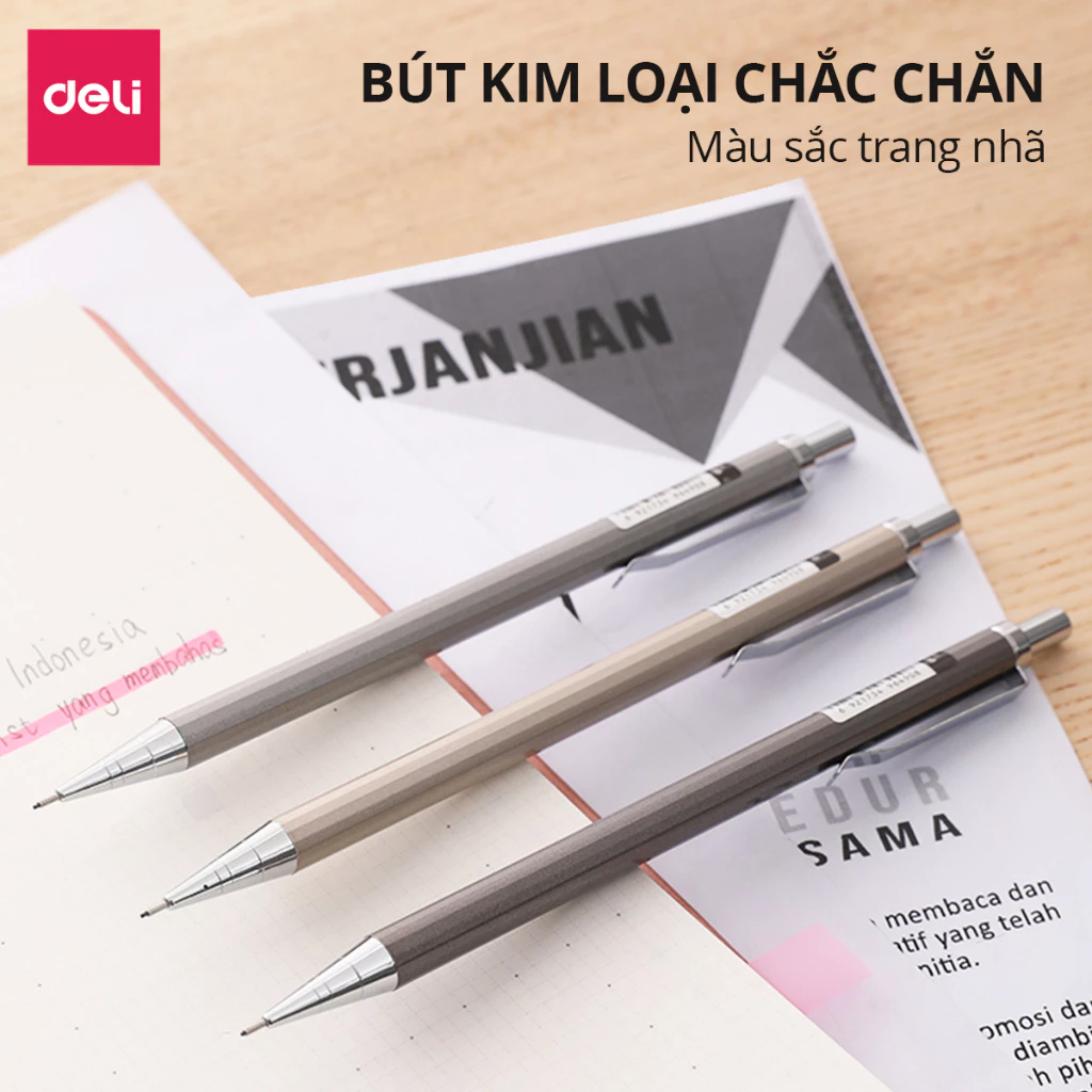 Bút chì kim bấm kỹ thuật 0.5mm/0.7mm Deli kèm đầu tẩy thân kim loại chắc chắn, chống hao mòn