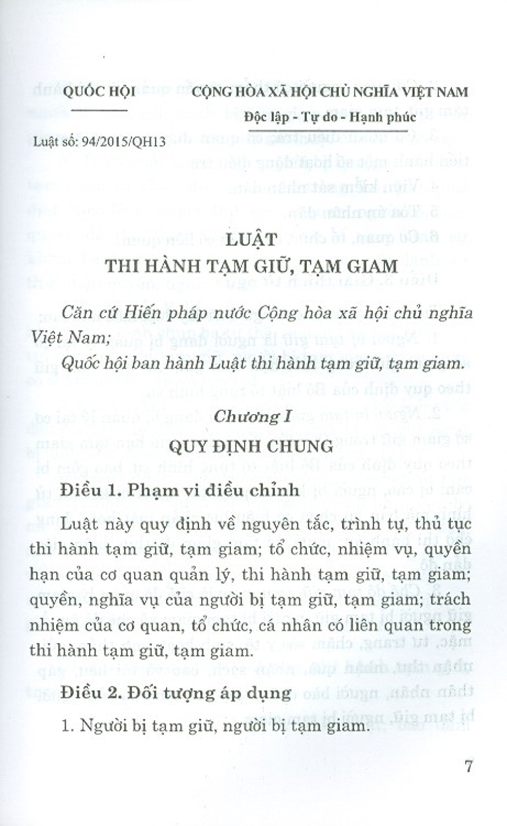 " Luật Thi Hành Tạm Giữ, Tạm Giam (Hiện Hành)"