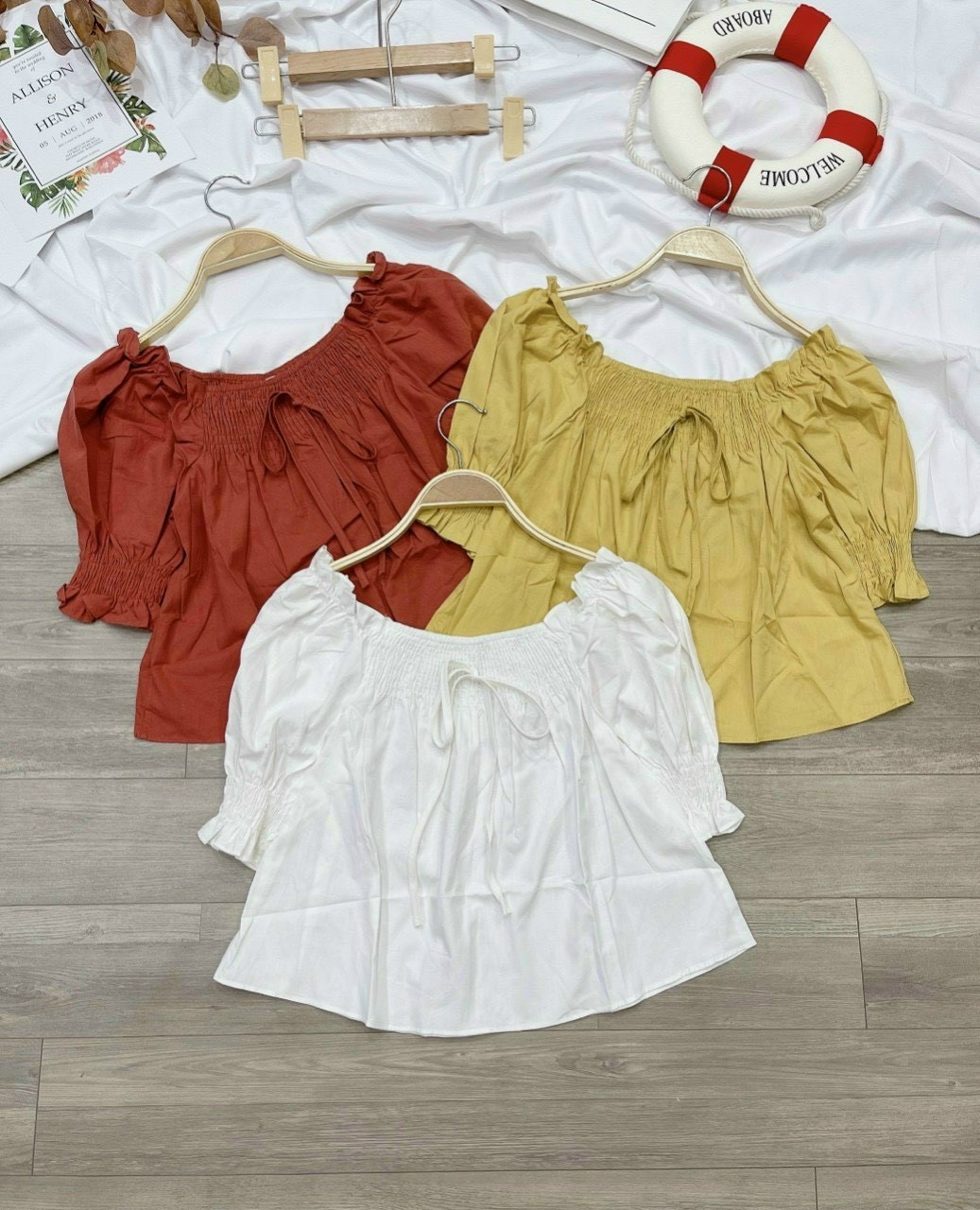 Áo voan nhún cổ vuông tay ngắn phối nơ trước nhún sau stype TTSLA0545