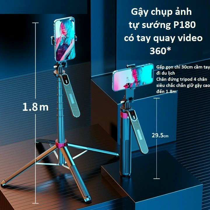 Gậy Chụp Hình Selfie Có Chống Rung, Siêu Dài, Quay Video Livestream, Tiktok Video, Chụp Toàn Cảnh 360, Có Điều Khiển Bluetooth