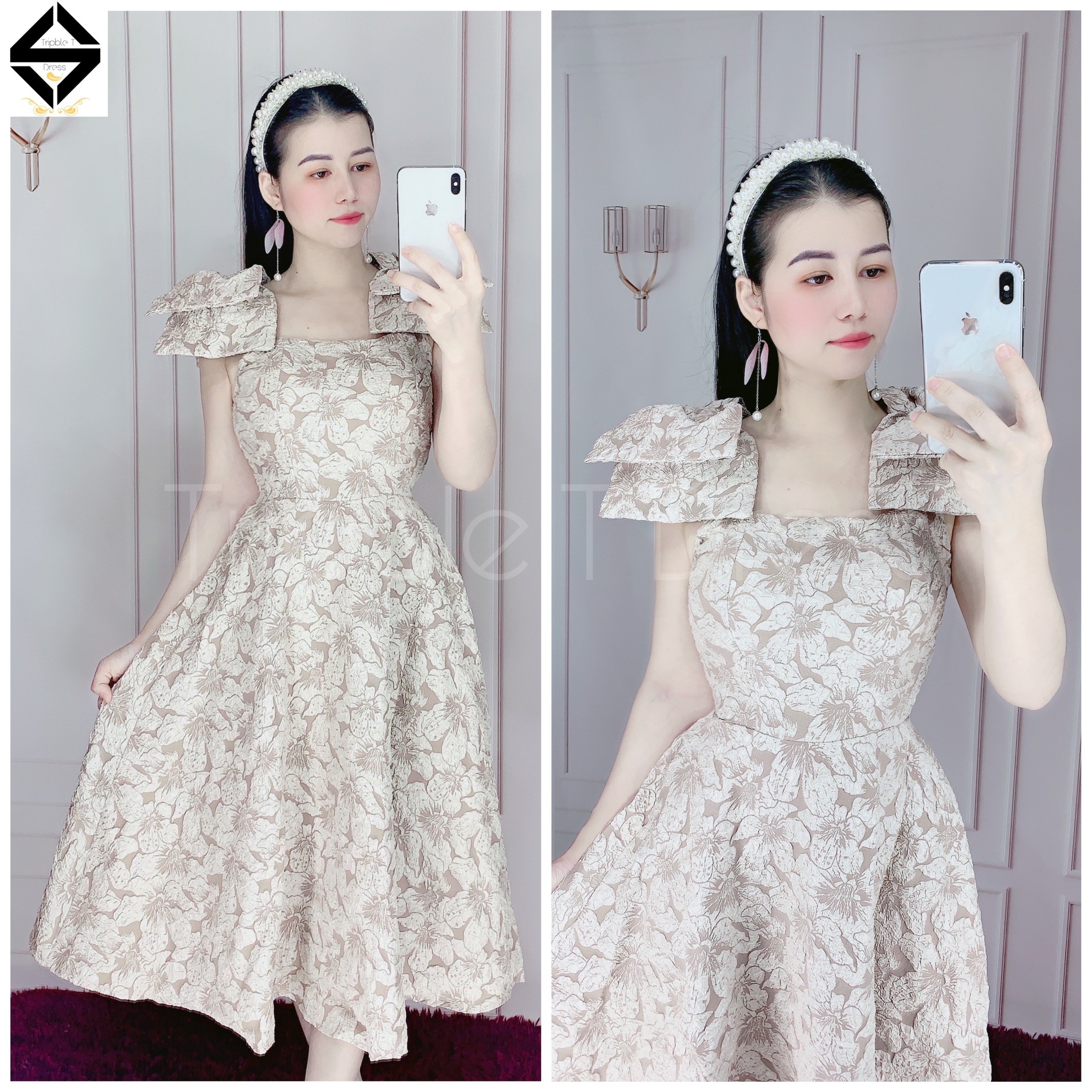 Đầm xoè dự tiệc nơ vai sang trọng TRIPBLE T DRESS - size M/L - MS226V