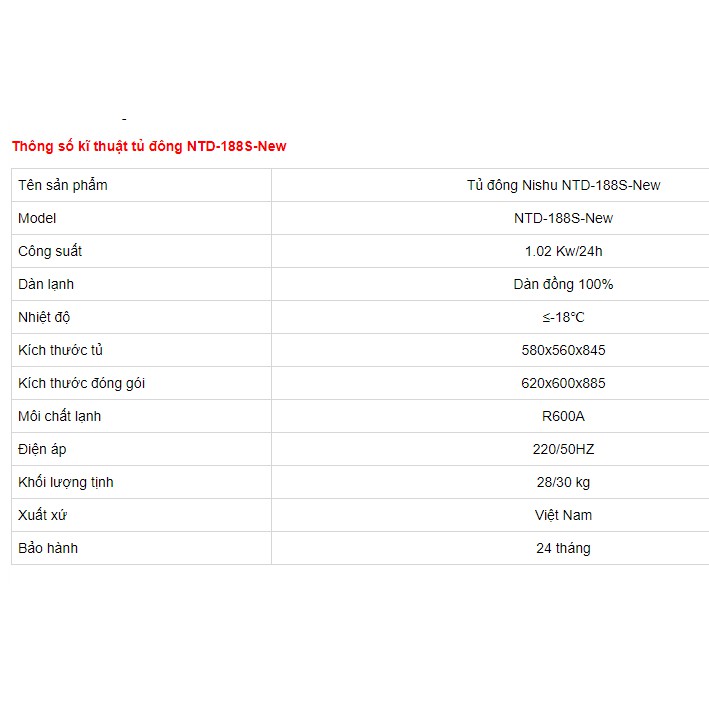 [Trả góp 0%]Tủ đông Nishu dàn đồng NTD- 188S-New 100L (Giá áp dụng giao tại HN, HCM& các tỉnh liên hệ shop)