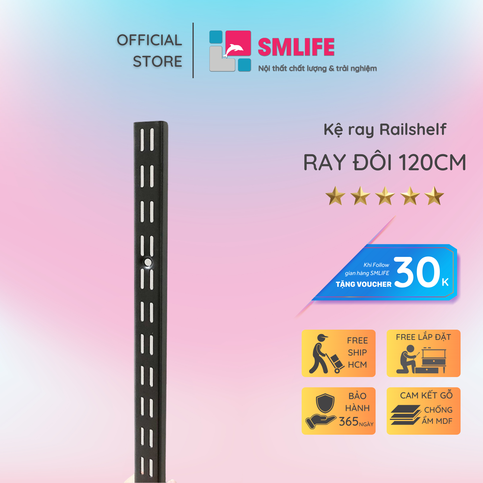 Thanh ray lỗ đôi kệ treo tường Railshelf H120cm bằng thép dày 1,4mm, sơn tĩnh điện màu Trắng/Xám hiện đại