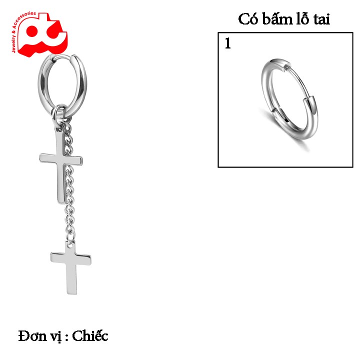 Bông tai nam inox 1 chiếc kpop kiểu tòn ten hình thánh giá bấm lỗ tai anbinh thời trang màu trắng thép không gỉ PTBTNA32