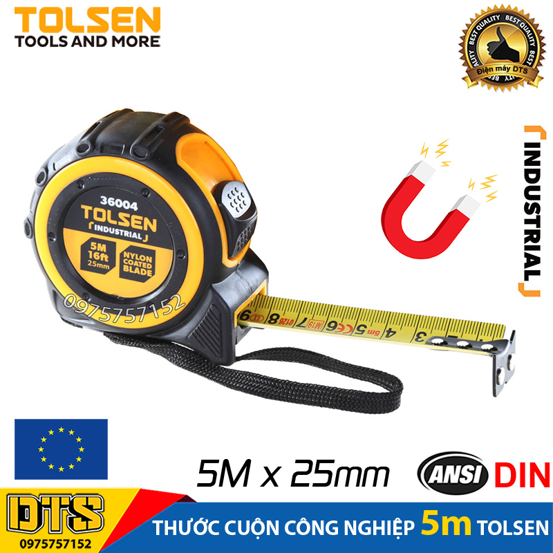 Thước rút, thước cuộn thép công nghiệp TOLSEN 5m tích hợp nam châm cực mạnh, vỏ bọc cao su cao cấp chống sốc, chống va đập, độ chính xác cao MID lớp 2  - Tiêu chuẩn xuất khẩu châu Âu, thuoc cuon, thuoc rut, thước cuộn công trình