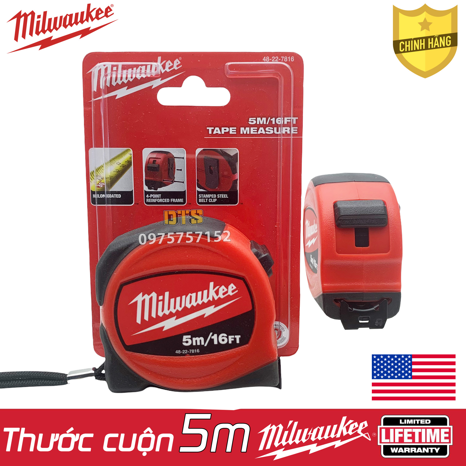 Thước kéo 5m cao cấp Milwaukee Mỹ siêu bền, thước cuộn thép nền trắng công nghiệp độ chính xác tuyệt đối, chữ số vạch chia khắc laser phủ lớp nylon siêu bền, vỏ bọc cao su chống va đập, thước rút,thước dây thép, thước đo