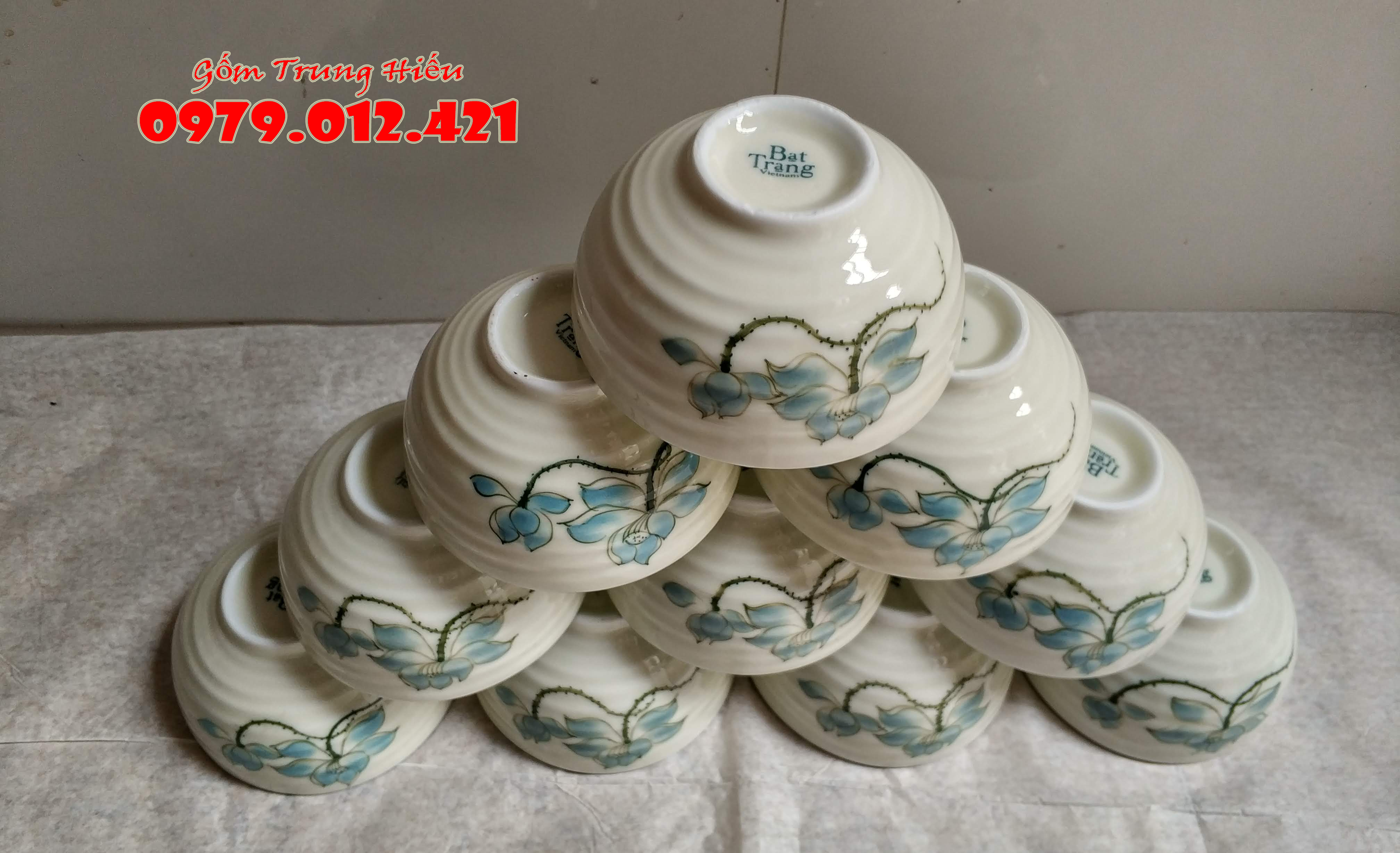 Bộ 10 bát ăn cơm Bát Tràng họa tiết vẽ sen xanh