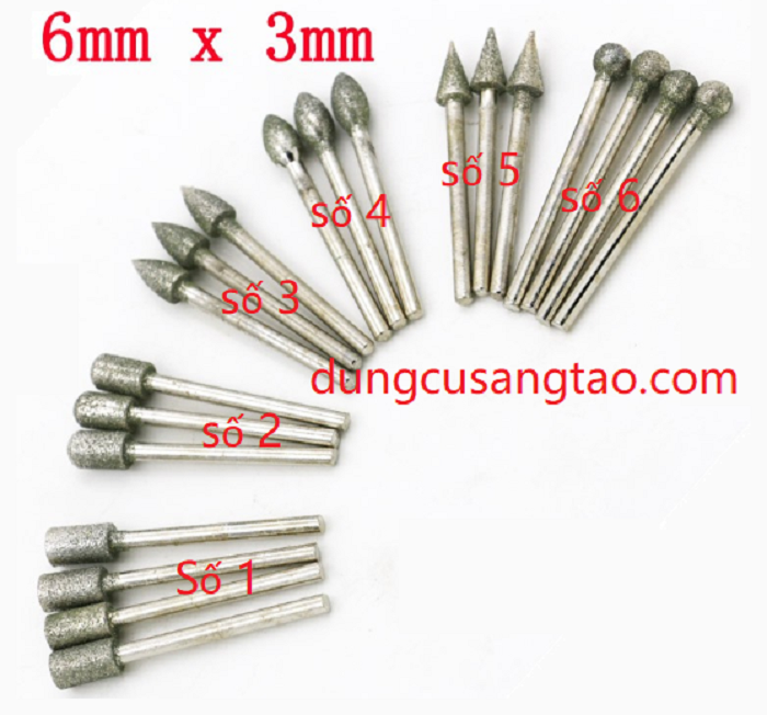 Mũi mài khắc phủ kim cương cán 3mm (bộ 20 mũi mài, điêu khắc đá, thủy tinh, gốm sứ))