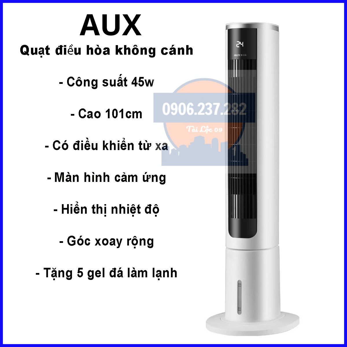 Quạt không cánh hơi nước AUX cao 101cm có ĐIỀU KHIỂN + hiển thị đèn led, quạt không cánh hơi nước, quạt đứng không cánh, quạt điều hòa hơi nước, quạt tháp không cánh, quạt hơi nước