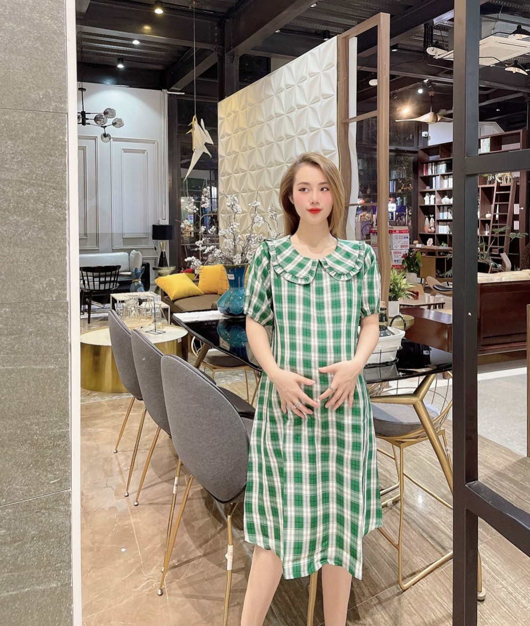 Váy bầu công sở mẫu mới- đầm bầu mùa hè kẻ xanh chất thô hàn mềm mịn G8