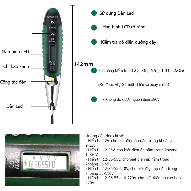 Bút Thử Điện Đa Năng AC/DC ĐO 12V-220V TUOSEN